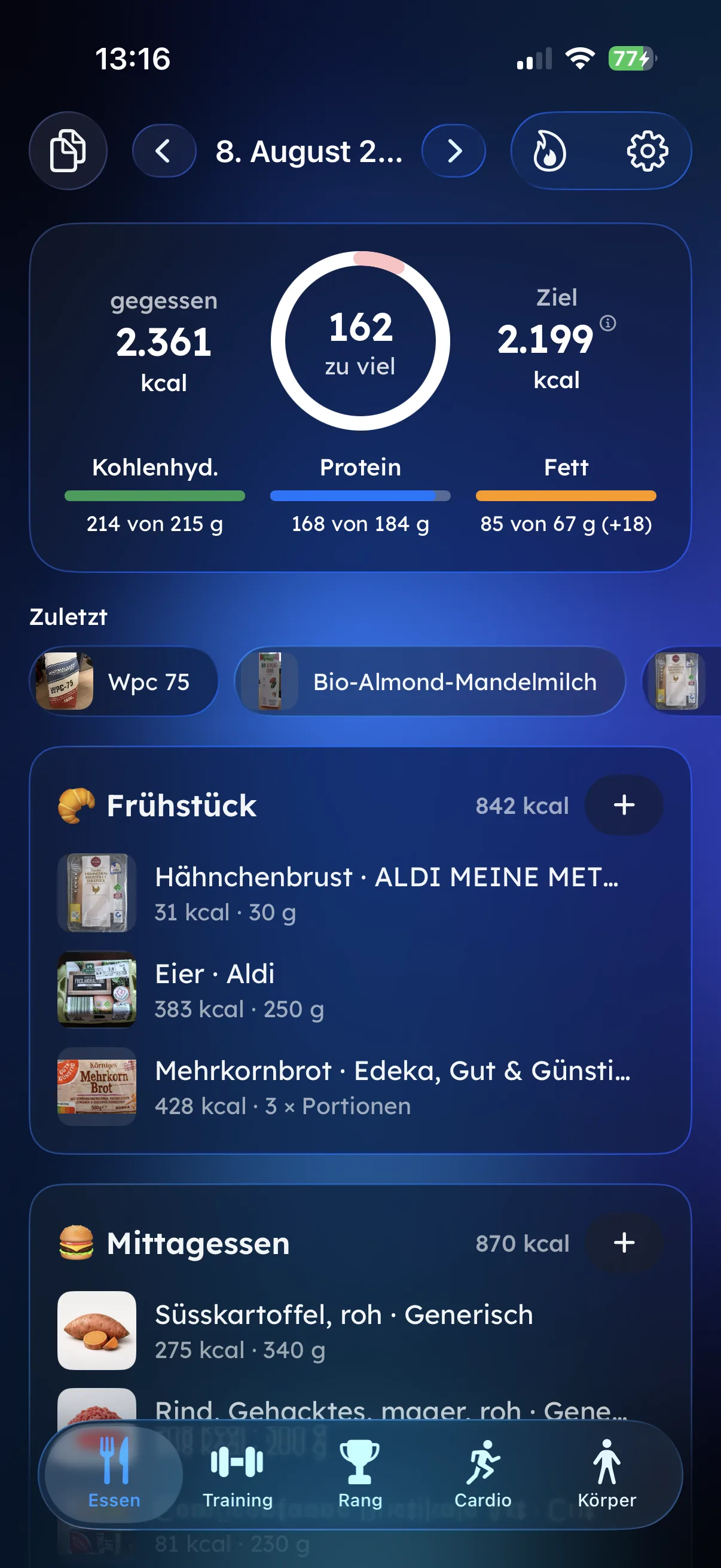 Fitaino Ernährungstagebuch mit Kalorienring und Makros